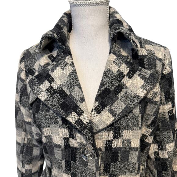 Daytrip Plaid Wool Blend Trench Coat Jacket Peacoat Belted Black Gray Cream L - Picture 2 of 12